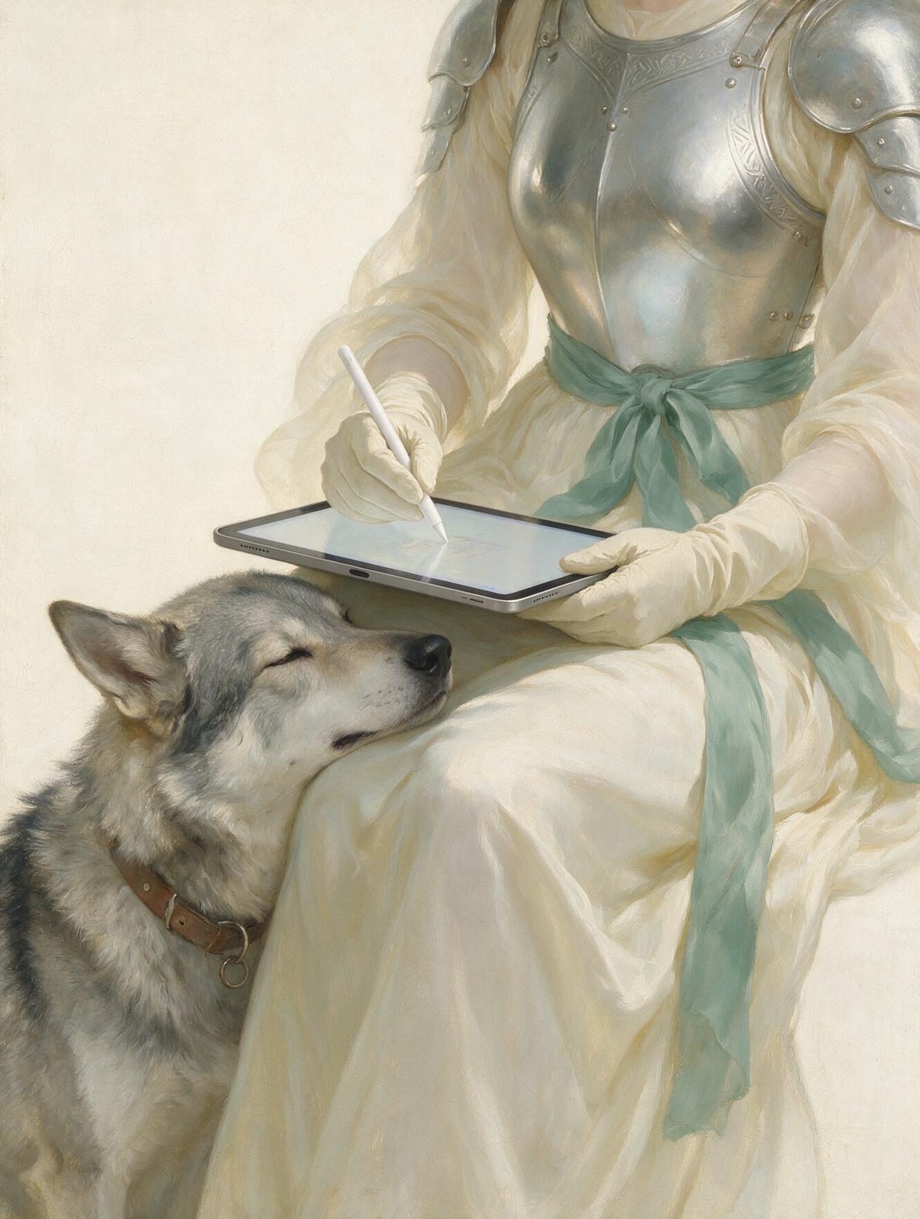 Knight in silver armor drawing on an iPad Pro with an Apple Pencil, a wolf-like dog resting beside her, Renaissance oil painting