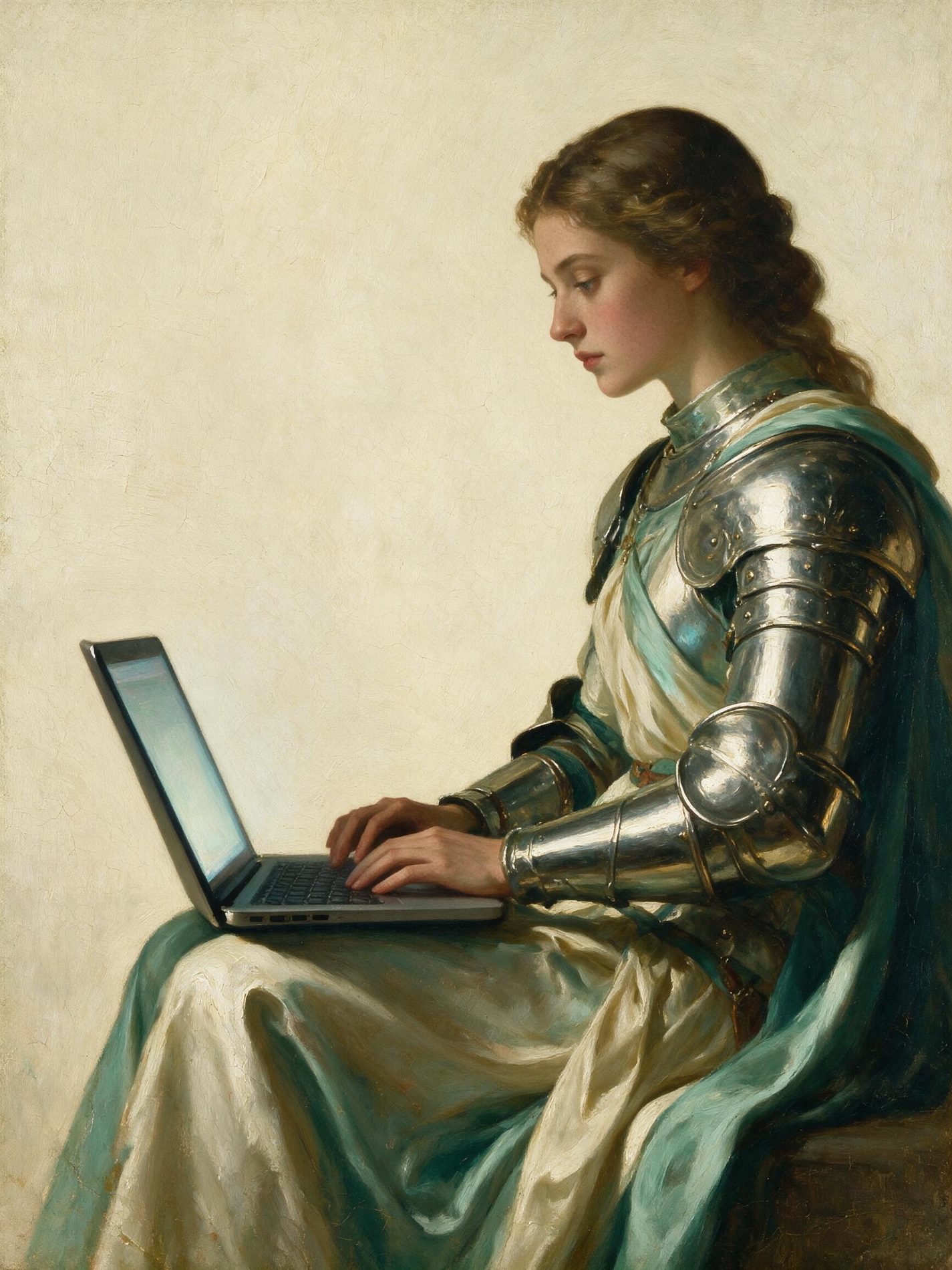 Woman knight working on a laptop