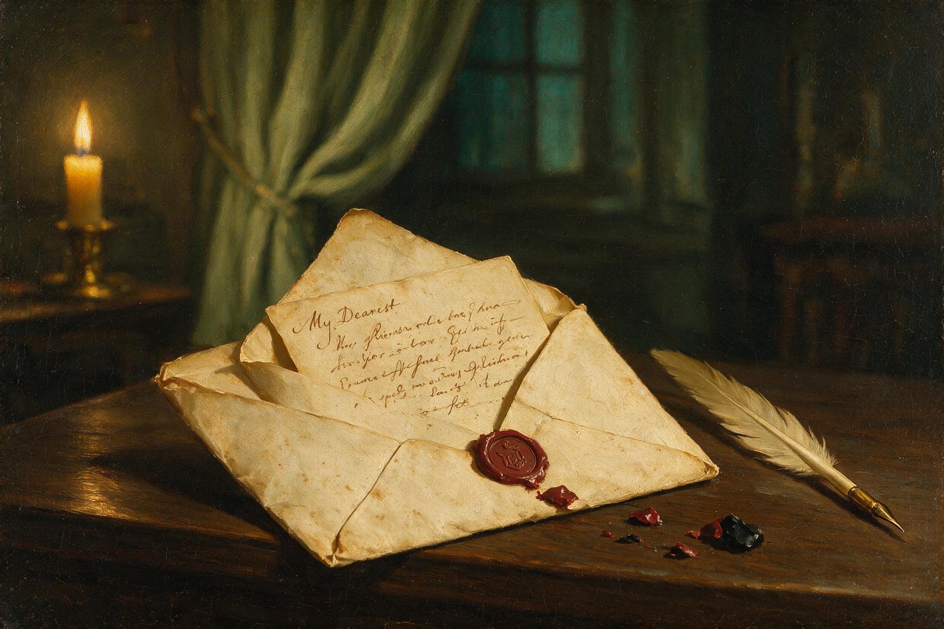 Open letter still-life, oil painting
